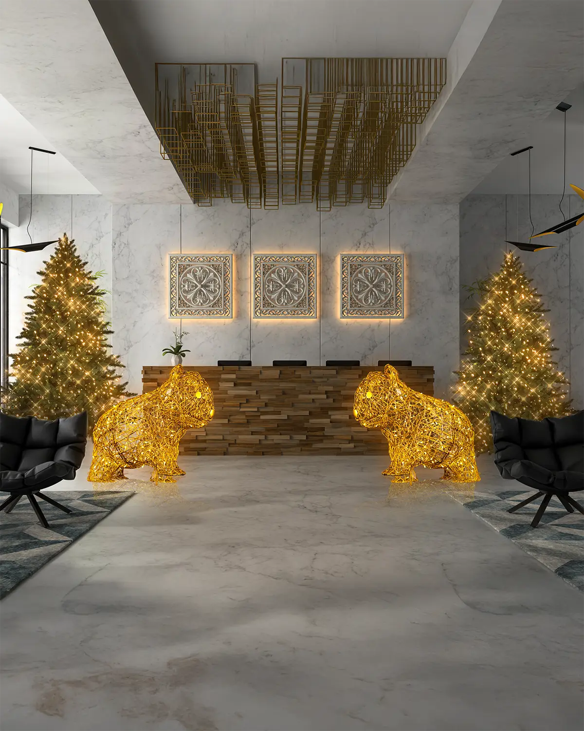 Zwei goldene Lichtobjekte in Tierform als festliche Dekoration in einer eleganten Hotellobby – inszeniert zwischen Weihnachtsbäumen und Empfangstresen.