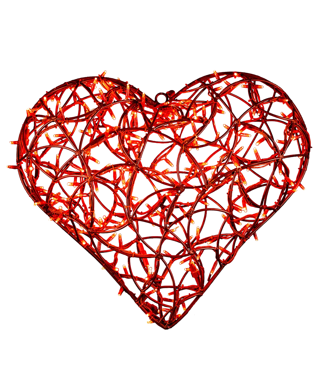 Leuchtendes, herzförmiges 3D-Dekoelement aus rotem Drahtgeflecht, durchzogen von rot-orange leuchtenden LED-Lämpchen, vor transparentem Hintergrund – symbolisiert Wärme, Liebe und Festlichkeit.