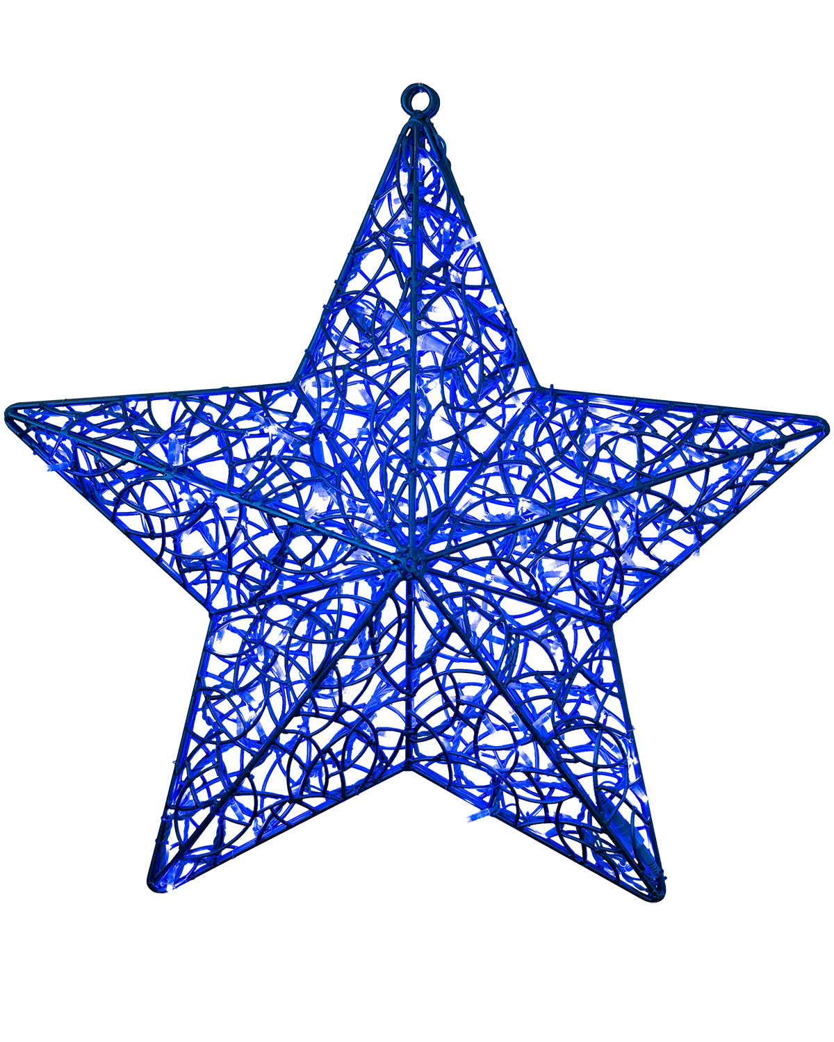 Leuchtender blauer Stern aus Drahtgeflecht mit integrierten LED-Lichtern, freigestellt vor transparentem Hintergrund – festliche Lichtdekoration für den Innen- und Außenbereich.