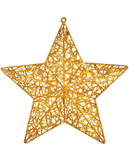 Goldgelbe fünfzackige Sternfigur aus Draht mit Lichterketten, freigestellt auf transparentem Hintergrund.