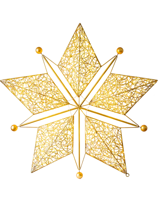 Goldgelbe fünfzackige Sternfigur aus Draht mit Lichterketten, freigestellt auf transparentem Hintergrund.