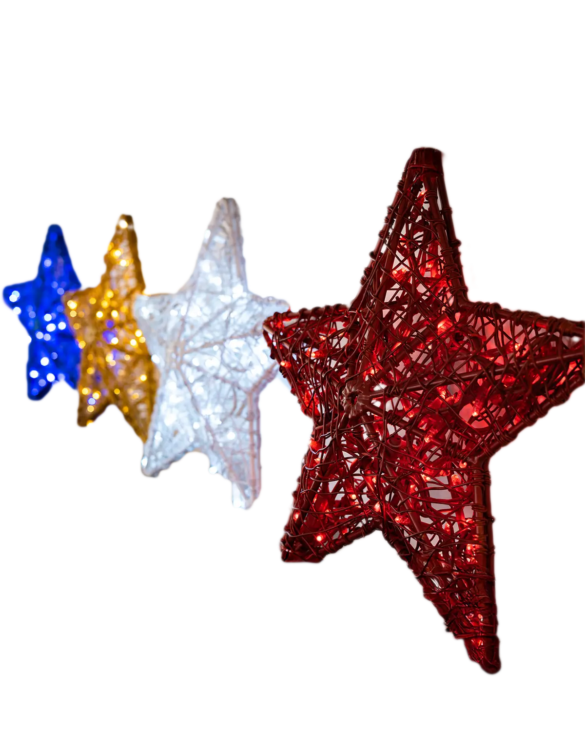 Leuchtsterne aus Draht in Rot, Weiß, Gold und Blau – dekorative Lichtobjekte in verschiedenen Farben vor neutralem Hintergrund.