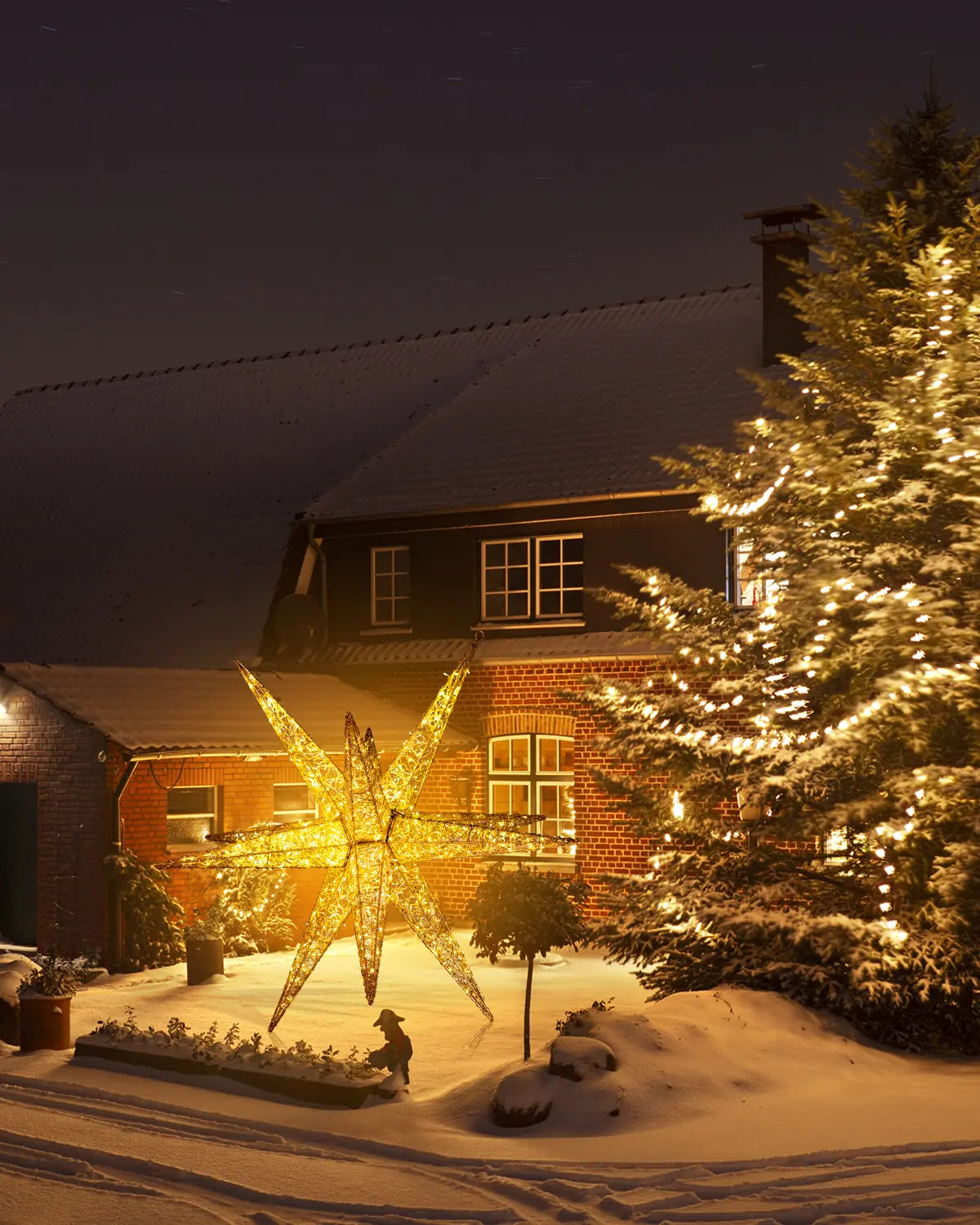 Zwölfzackiger Außenstern vor verschneitem Haus – großformatige Alganic-Lichtskulptur als winterliche Garteninstallation bei Nacht.